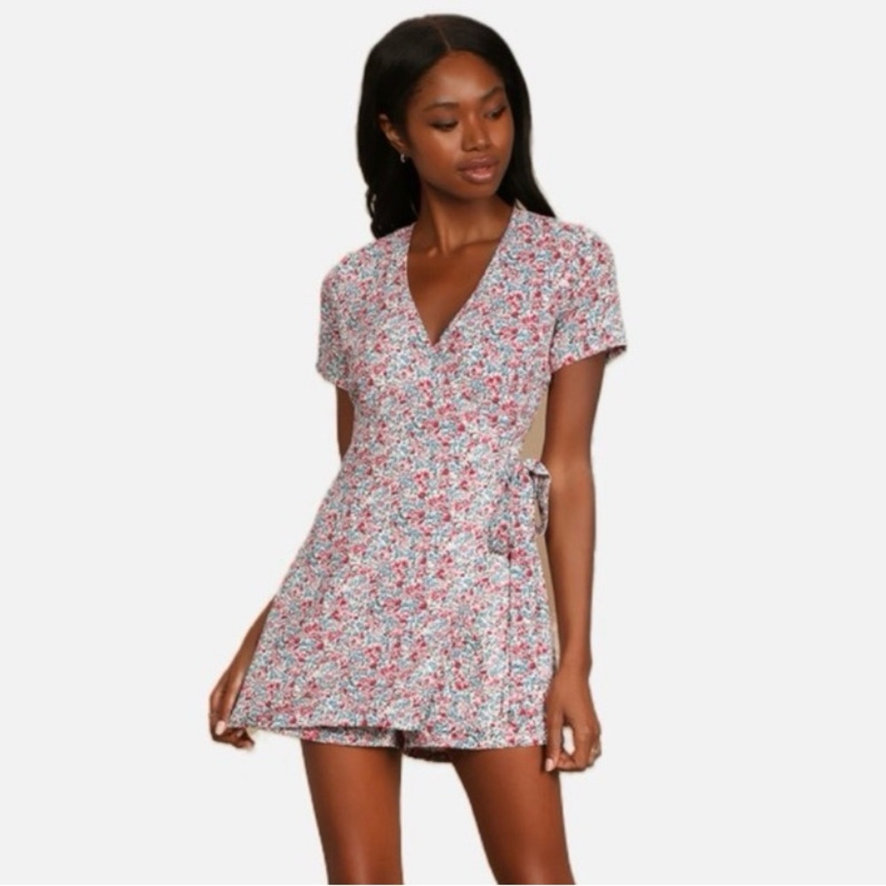 Lulus Playing Around Floral Print Wrap Skort Romper Medium